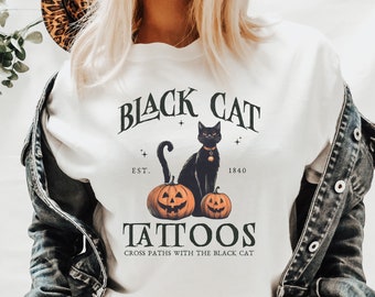 Comfort Colors® Black Cat Halloween Shirt, Halloween Cat Shirt, Spooky Season Halloween Shirt, Jack o Lantern Shirt, Gothic Black Cat Shirt