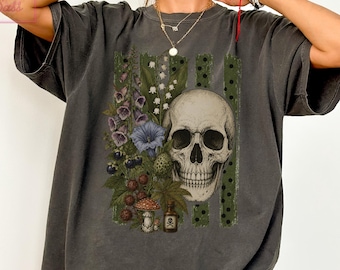 Witchy Boho Comfort Colors T-Shirt, Dark Cottagecore Gardening Tee, Whimsigoth Halloween Tshirt, Spooky Floral Skeleton Plant Lovers Shirt