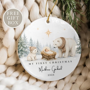 Personalized Baby's 1st Christmas Ornament 2026, Christian Nativity Woodland Animals, Custom Name Newborn Ornament, Religious New Baby Gift