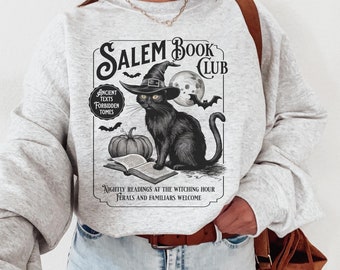 Retro Salem Book Club Shirt, Bookish Halloween Sweatshirt, Dark Cottagecore Shirt, Spooky Season Gift for Readers, Black Cat Reading Shirt