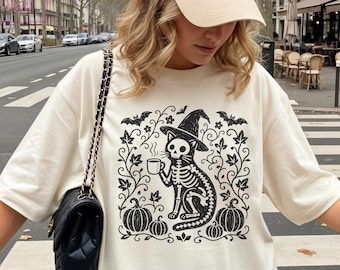 Halloween Cat Shirt, Coffee Cat Lover Tee, Boho Black Cat Tshirt, Folk Art Cat Tee, Comfort Colors Witchy Cat T-shirt, Fall Cat Mom Gift