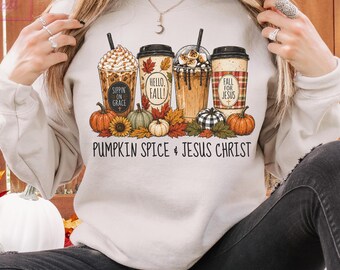 Pumpkin Spice Christian Sweatshirt, Fall for Jesus Sweater, Comfort Colors Faith Iced Coffee Shirt, Christianity Halloween Autumn Apparel