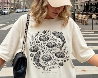 Comfort Colors Boho Christian Shirt, Loaves and Fishes Tee, Matthew 14 Bible Verse Folk Art Tshirt, Linocut Floral Faith Gift for Women