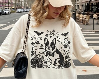 Halloween French Bulldog Shirt, Frenchie Boho Fall Tshirt, Folk Art Coffee Dog Tee, Comfort Colors Witchy Dog Mom Shirt, Frenchie Lover Gift