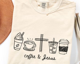 Christian Coffee Shirt, Jesus and Coffee Tee, Comfort Colors Minimalist Faith Apparel, Fall Iced Coffee Lover Christianity Gift for Women