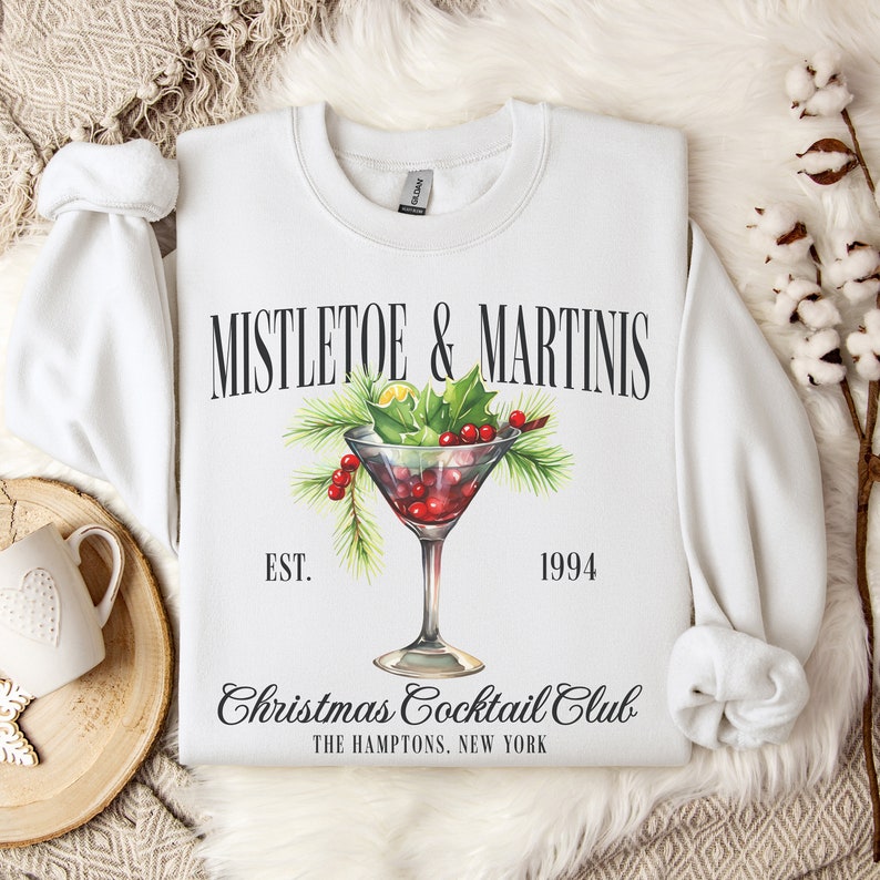 Custom Mistletoe & Martinis Christmas Sweatshirt, Christmas Martini Social Club Sweater, Merry Xmas Cheers Martini Gift, Winter Party Shirt White