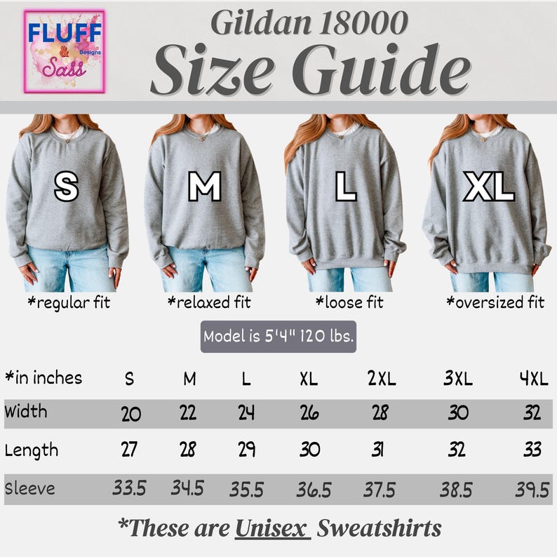 Puede incluir: Una gu&iacute;a de tallas Gildan 18000 para sudaderas unisex con cuatro im&aacute;genes de una persona usando tallas S, M, L y XL. La tabla enumera las medidas de ancho, largo y manga en pulgadas de S a 4XL. El texto incluye: Model is 5'4" 120 lbs.