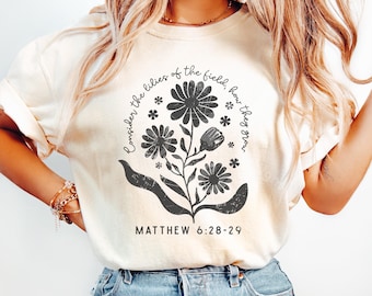 Boho Christian Shirt, Comfort Colors Religious Shirt, Faith Christian Tshirt, Pressed Flowers Shirt, Bible Verse Linocut Block Print Shirt