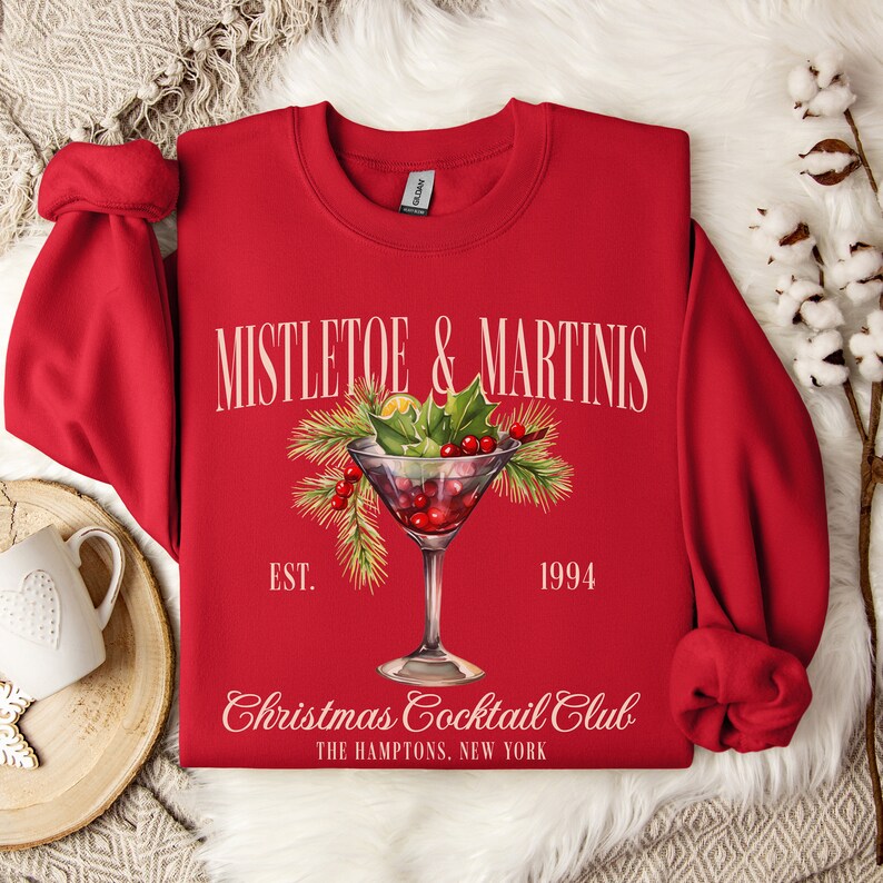 Custom Mistletoe & Martinis Christmas Sweatshirt, Christmas Martini Social Club Sweater, Merry Xmas Cheers Martini Gift, Winter Party Shirt Cherry Red