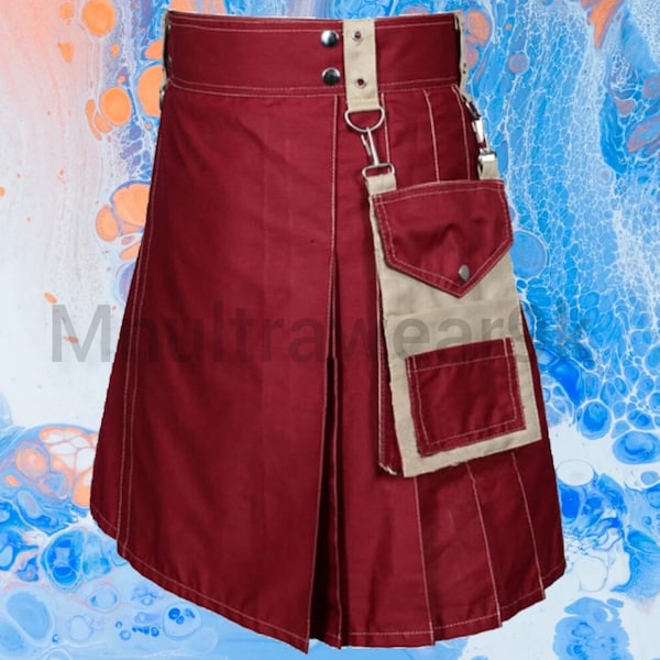 Scottish Men Utility Kilt 100% Cotton Marron Utility Kilt Modern Fashion Utility Kilts For Men Size 32" To 54"