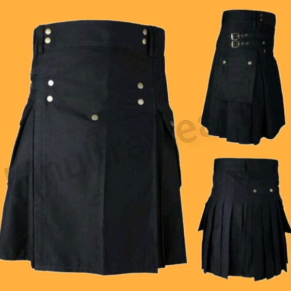 Mens Brand New Black Utility Kilt Scottish Highland Good Quality 100% Cotton Utility Kilt For Men Size 28inch To 54inch