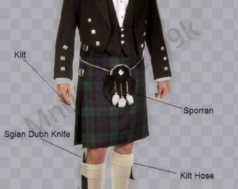 9PCS Kilt Outfit Prince Charlie Kilt Jacket Outfit Scottish Highland 5 Yard Kilts Set Wedding Kilt Jacket Outfit For Men In 37 Tartan