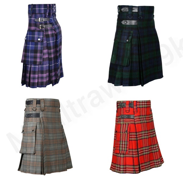 Scottish Highland Mens Utility Leather Strap Kilt Cargo Pocket Highland Utility Kilt For Men 40Tartan Available Size (28" To 54"inch)