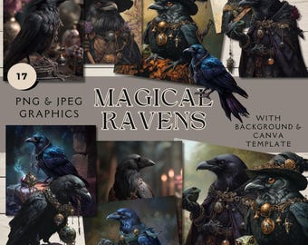 Witchy Raven Clipart: Halloween Gothic PNG and JPG Graphics + Canva Template