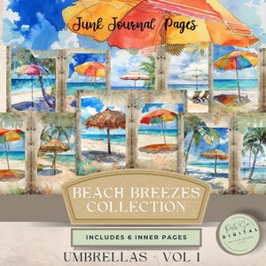 Beach Breezes Junk Journal Paraplu's, oud papier, vintage junk-journaalpagina's,