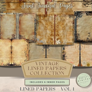 Vintage Lined Papers, Junk Journal Pages, Old Paper, Scrapbook, Dyed Papers, Watercolor, Printable Paper, Lined Journal Pages