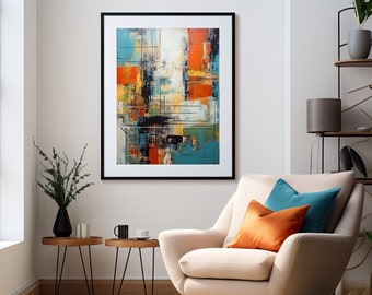 May include: A beige armchair with a teal and orange throw pillow sits in a living room with a black framed abstract painting on the wall, a wooden side table, and a stack of books on the floor.