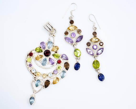 Large Multigemstone Statement Pendant & Earrings … - image 6