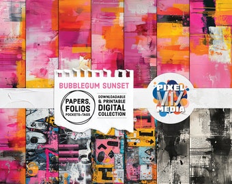 Könnte beinhalten: Ein digitales Papierpaket mit einer Collage aus farbenfroher abstrakter Kunst und Text. Das Paket heißt "Bubblegum Sunset" und ist eine herunterladbare und druckbare digitale Sammlung. Der Text "Papers, Folios, Pockets + Tags" ist ebenfalls im Bild enthalten.