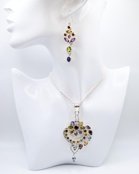 Large Multigemstone Statement Pendant & Earrings … - image 1