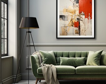 Puede incluir: Un sofá de terciopelo verde con dos almohadas y una manta en un salón. Una lámpara de pie negra con base de trípode se encuentra junto al sofá. Una pintura abstracta enmarcada con colores rojo, dorado y blanco cuelga de la pared sobre el sofá.