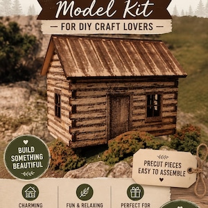 May include: A rustic wooden cabin model kit featuring a miniature log house with a brown roof, a central door, and two windows. The image includes text: RUSTIC WOODEN CABIN Model Kit, FOR DIY CRAFT LOVERS, BUILD SOMETHING BEAUTIFUL, PRECUT PIECES EASY TO ASSEMBLE.