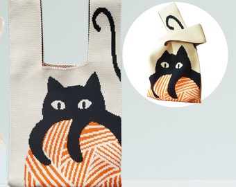 Kitty Knitted Tote Bag, Cat with Yarn Ball, 3 Ways to Carry, Women Handbag, Shopping Bag, Shoulder Bag, Travel Pouch, Wrist Bag