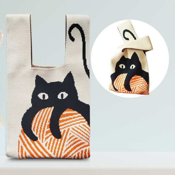 Kitty Knitted Tote Bag, Cat with Yarn Ball, 3 Ways to Carry, Women Handbag, Shopping Bag, Shoulder Bag, Travel Pouch, Wrist Bag