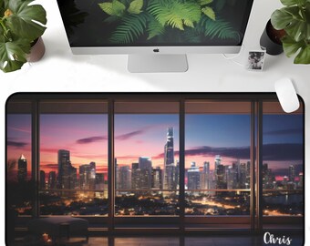 Personalized Penthouse Night View Desk Mat, Custom Name, Anime Large Mouse Pad, Gaming Mat, Long Desk Mat, Birthday Gift, Christmas Gift