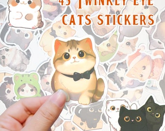 Twinkly Eye Cats Stickers 45 Pc Pack, Cat Lover Gift, Kawaii Cat Stickers, Journaling Notebook Laptop Stickers, Phone Bottle Stickers