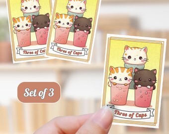 Three of Cups Sticker, Cute Cats in Cup, Aesthetic Tarot Card Sticker, Cat Lover Gift, Notebook Laptop Stickers, Phone, Bottle Stickers,