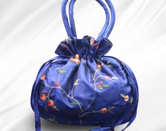 Chinese Embroidered Drawstring Satin Bag, Lined Drawstring Bucket Handbag, Tarot, Crystal Jewelry Bag, Evening Wristlet Bag, Christmas Gift