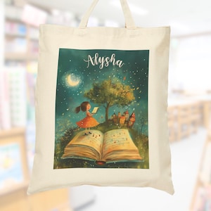 Fourre-tout de lecture personnalisé, sac en toile pour bibliothèque, cadeau pour fille, sac préscolaire personnalisé, sac fourre-tout livre, cadeau d'anniversaire de Noël, cadeau