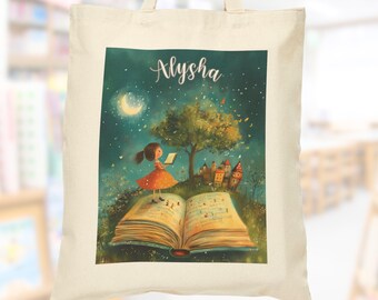 Personalized Reading Tote, Library Canvas Bag, Gift for Girls, Custom Preschool Bag, Book Tote Bag,  Birthday Christmas Gift, Party Favor