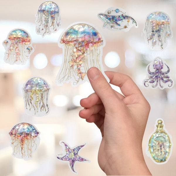 Holographic 10 Pc Ocean Creatures Sticker Pack, Ocean Lover Gift, Jellyfish Stickers, Journaling Notebook Laptop Stickers, Bottle Stickers