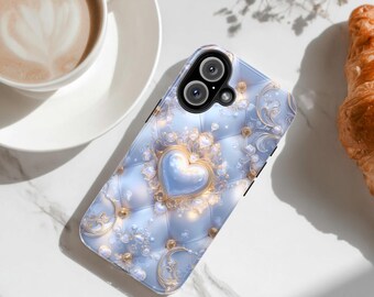 Funda para iPhone estilo barroco azul hielo, estilo romántico de época, elegante diseño de corazón.