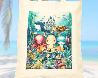 Bolsa de lectura personalizada con temática oceánica, bolsa de lona para biblioteca, bolsa preescolar personalizada con criaturas oceánicas, bonita bolsa para libros, regalo de cumpleaños y Navidad.