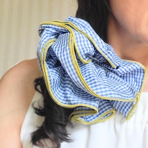 Jumbo Blue Checkered Pattern Scrunchie, Double Layer Retro Style, French Gingham Hair Tie, Oversize Hair Accessory, Birthday Christmas Gift
