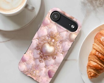 Funda para iPhone de estilo barroco rosa pastel, estilo romántico de época, elegante diseño de corazón.