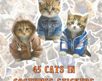 45 Pc Cat in Costumes Sticker Pack, Cat Lover Gift, Kawaii Cat Stickers, DIY Journaling Notebook Laptop Stickers, Phone Bottle Stickers