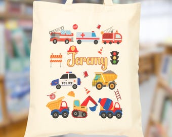 Personalized Emergency Vehicles Reading Tote,Library Custom Preschool Bag, Construction Vehicles Tote, Birthday Christmas Gift,Party Favor