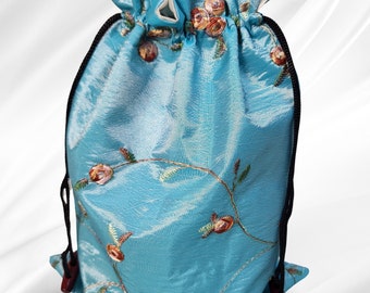 Chinese Embroidered Drawstring Satin Bag, Lined Drawstring Makeup Pouch, Tarot, Crystal Jewelry Bag, Wedding, Birthday, Christmas Gift