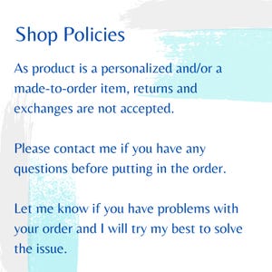 Puede incluir: Texto sobre un fondo blanco con un dise&ntilde;o de acuarela azul claro. El texto dice "Shop Policies" seguido de informaci&oacute;n sobre devoluciones, cambios y c&oacute;mo contactar al vendedor.