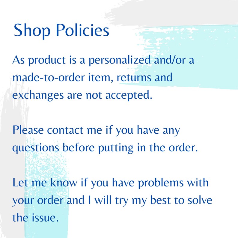 Puede incluir: Texto sobre un fondo blanco con un dise&ntilde;o de acuarela azul claro. El texto dice "Shop Policies" seguido de informaci&oacute;n sobre devoluciones, cambios y c&oacute;mo contactar al vendedor.