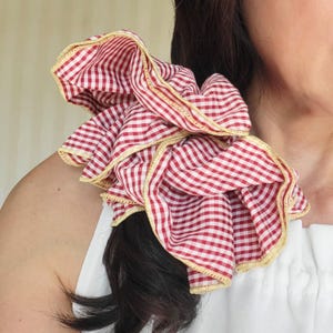 Jumbo Red Checkered Pattern Scrunchie, Double Layer Retro Style, French Gingham Hair Tie, Oversize Hair Accessory, Birthday Christmas Gift