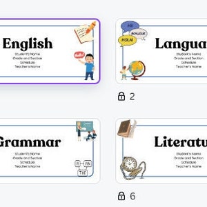 Könnte beinhalten: Sechs Karten mit Schulfächern sind abgebildet. Jede Karte trägt einen Titel wie „Englisch“, „Sprache“, „Grammatik“ und „Literatur“. Die Karten zeigen Illustrationen von Büchern, Globen und anderen schulbezogenen Elementen. Jede Karte bietet Platz für Schülerinformationen.
