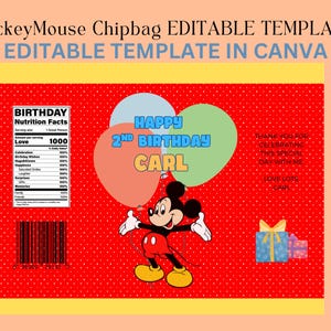 Editable MickeyMouse Chip Bag Design for Party Favors, Giveaways, Souvenirs Kids Party, Birthday, Celebrations CANVA Digital File