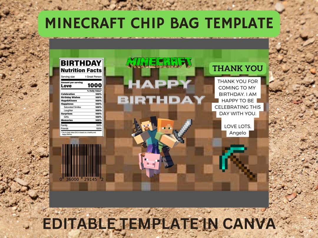 Editable Minecraft Chip Bag Design for Party Favors, Giveaways