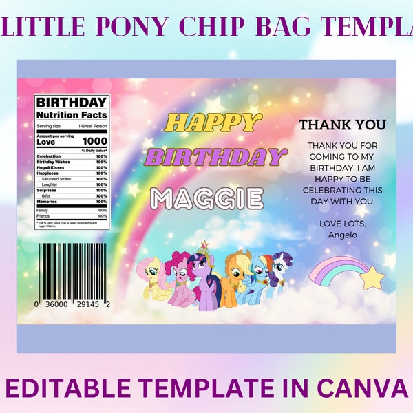 My Little Pony Chip Bag Design for Party Favors, Giveaways, Souvenirs Kids Party, Birthday, Celebrations Editable CANVA Digital File