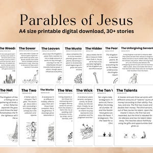 May include: Printable digital download featuring 30+ stories of the Parables of Jesus. The A4 size print includes illustrations and text for each parable, such as The Sower, The Leaven, and The Talents.